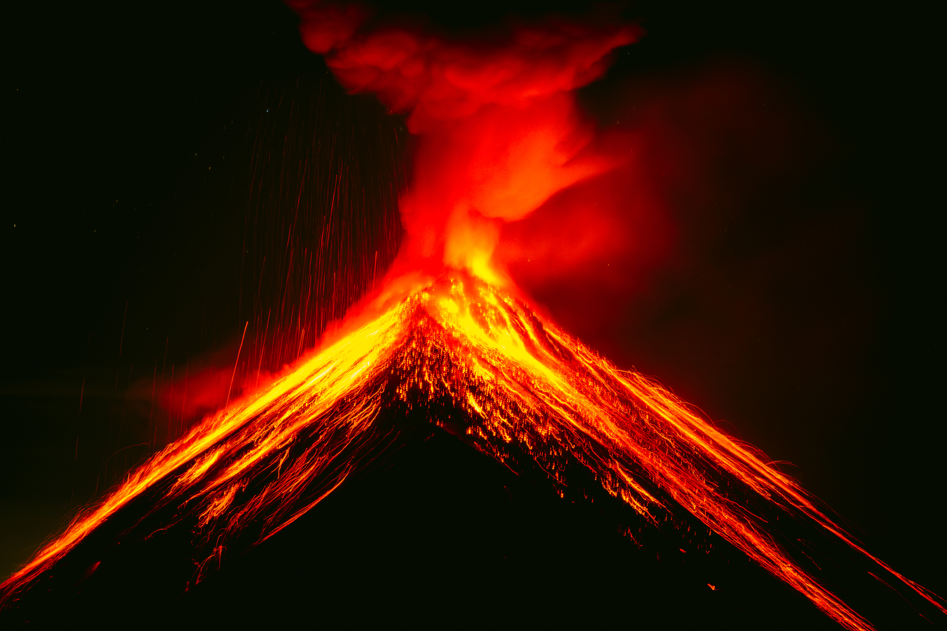 Volcán de Fuego erupting at night, Guatemala